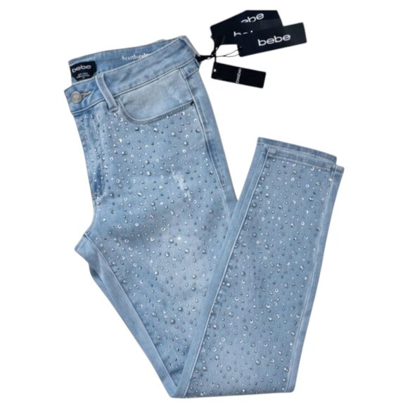Bebe Shooting Star Skinny Jeans Light Wash Crystal Rhinestone Y2K Glam 29 - Picture 1 of 15